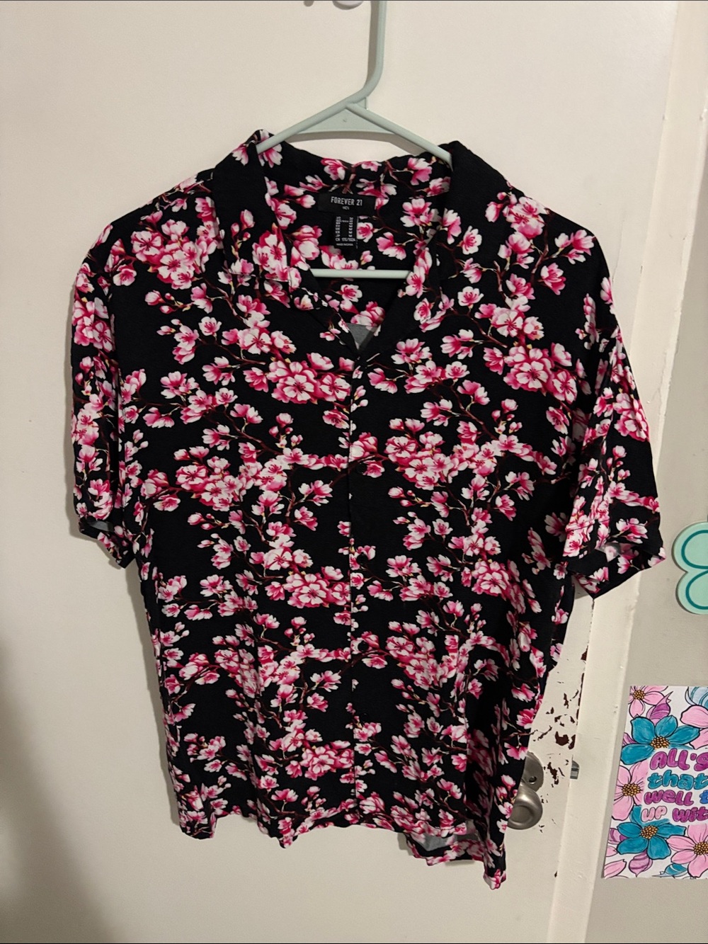 Men's M Forever 21 Cherry Blossom Button Down Pink and Black